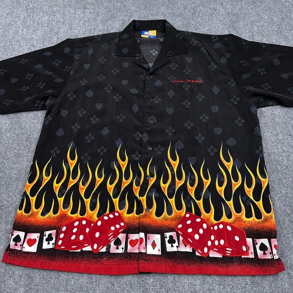 XNT Button Front Shirt Mens XL Black Las Vegas Flames Dice Gambling Graphic